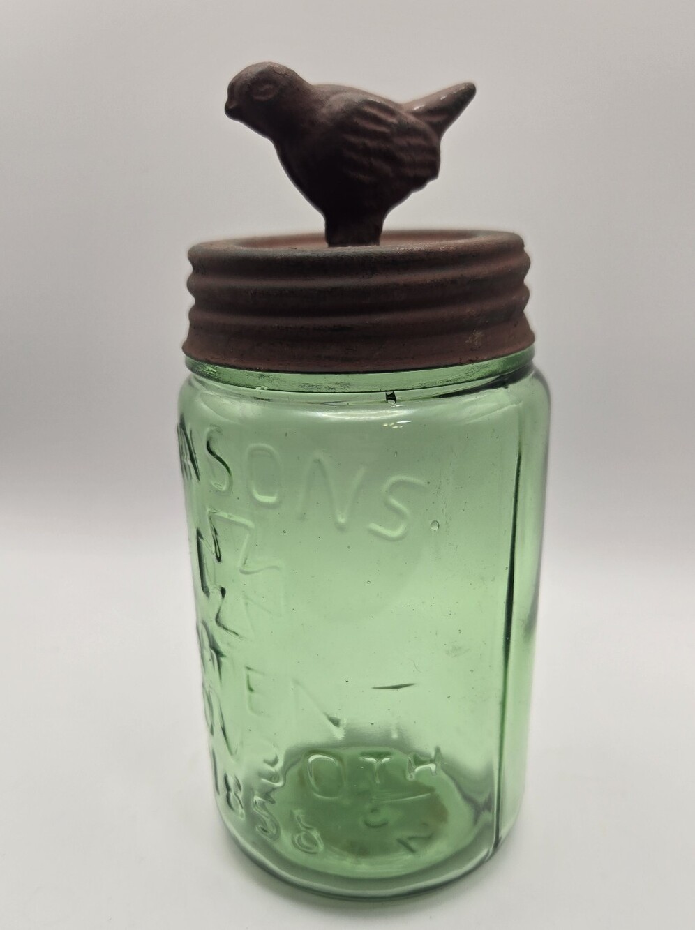 Green Mason Jar With Rusic Metal Bird Can Lid Cottagecore Farmhouse Gift
